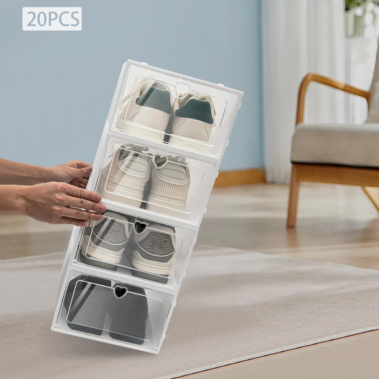 

Bymaocar 20 Pcs Foldable Rectangular Shoe Box Organizer, Stackable Clear Plastic Shoe Storage Case Organization Free Stacking