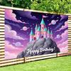 2D Magical Castle Backdrop, Princess Castle with Planets, Stars and "Happy Birthday" Text Background Cloth