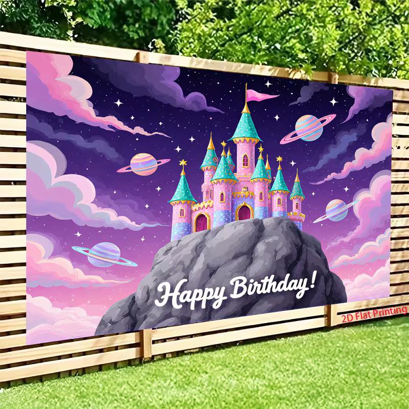 2D Magical Castle Backdrop, Princess Castle with Planets, Stars and "Happy Birthday" Text Background Cloth