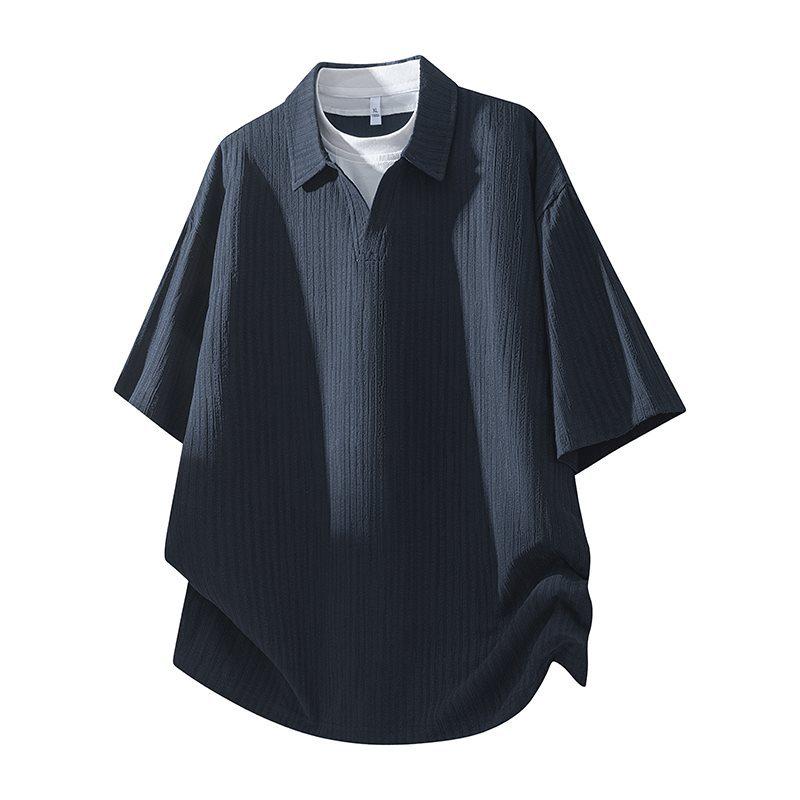 

Men s Faux 2-in-1 Textured Polo Neck Short-Sleeve T-Shirt M темно-синий