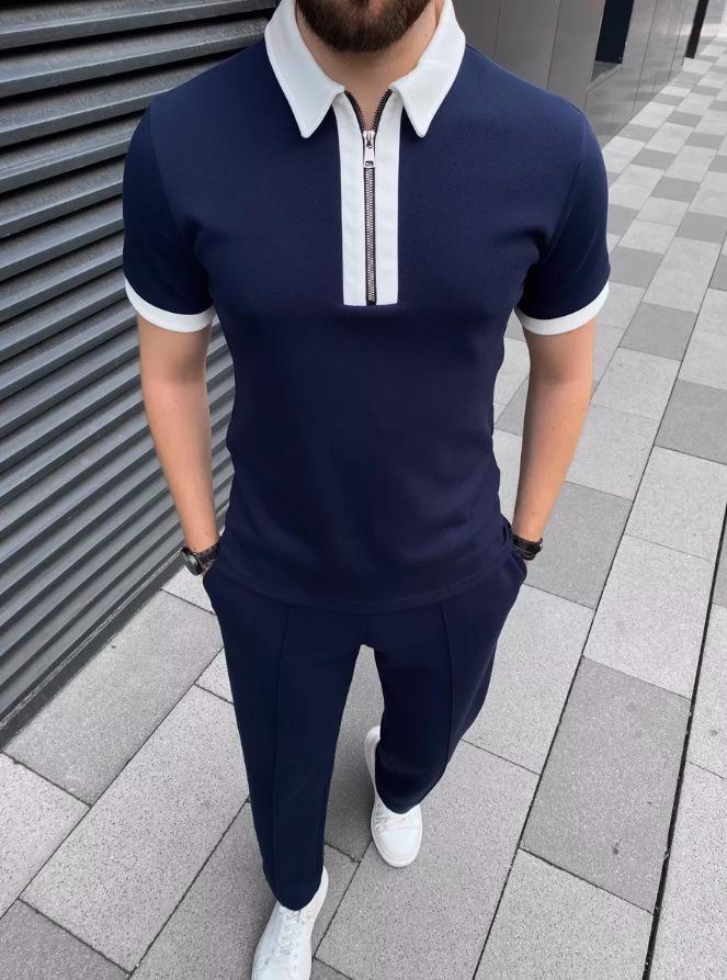 

European & American Slim Fit Zipper Lapel Short Sleeve Printed Polo Shirt for Men S темно-синий