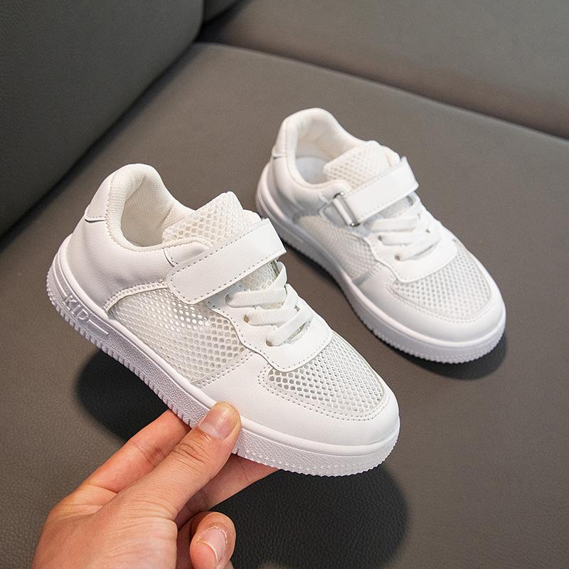 Boys White Casual Board Shoes Student Performance Leather Surface Little White Shoes Soft Sole Little Girl Four Seasons Mesh Classmate