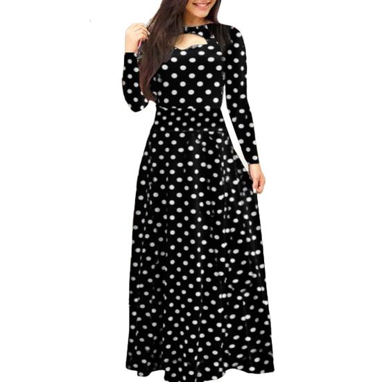 Women Sexy Long Sleeve Floral Print Waist Tight Large Swing Full-length Dress