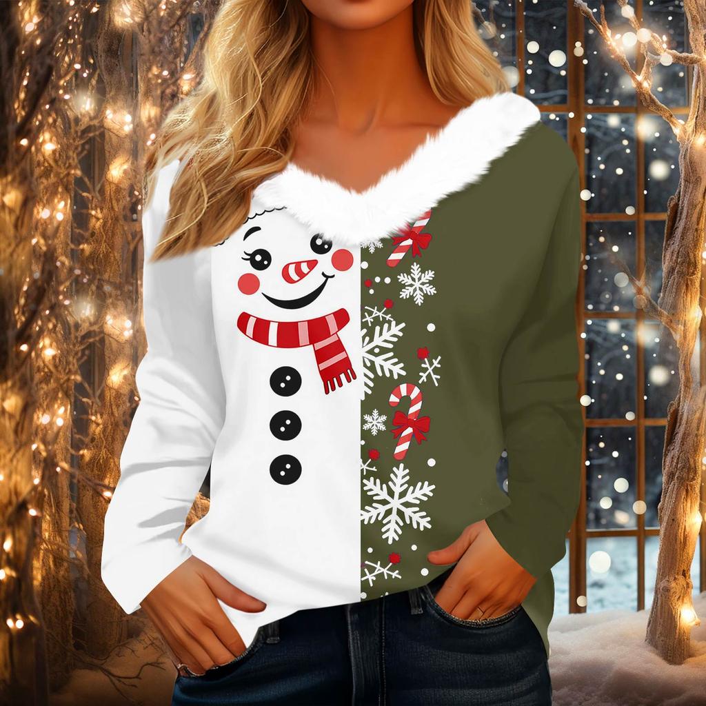 Women's Casual Long Sleeve Christmas Print V-Neck Top with Plush Collar for Holiday Wear