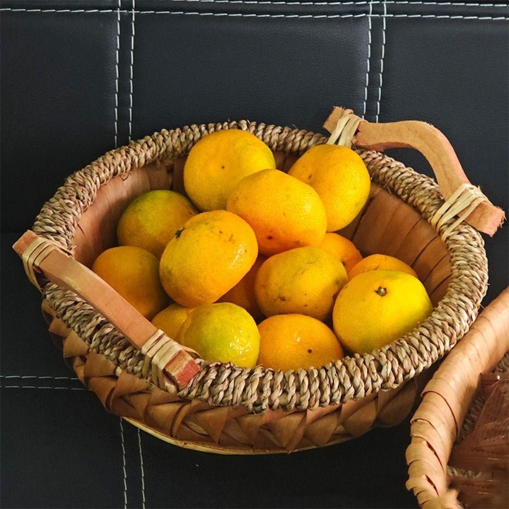 Rustic Handwoven Storage Basket Handmade Food Serving Holder Fruit Vegetable Storage Tray  Kitchen