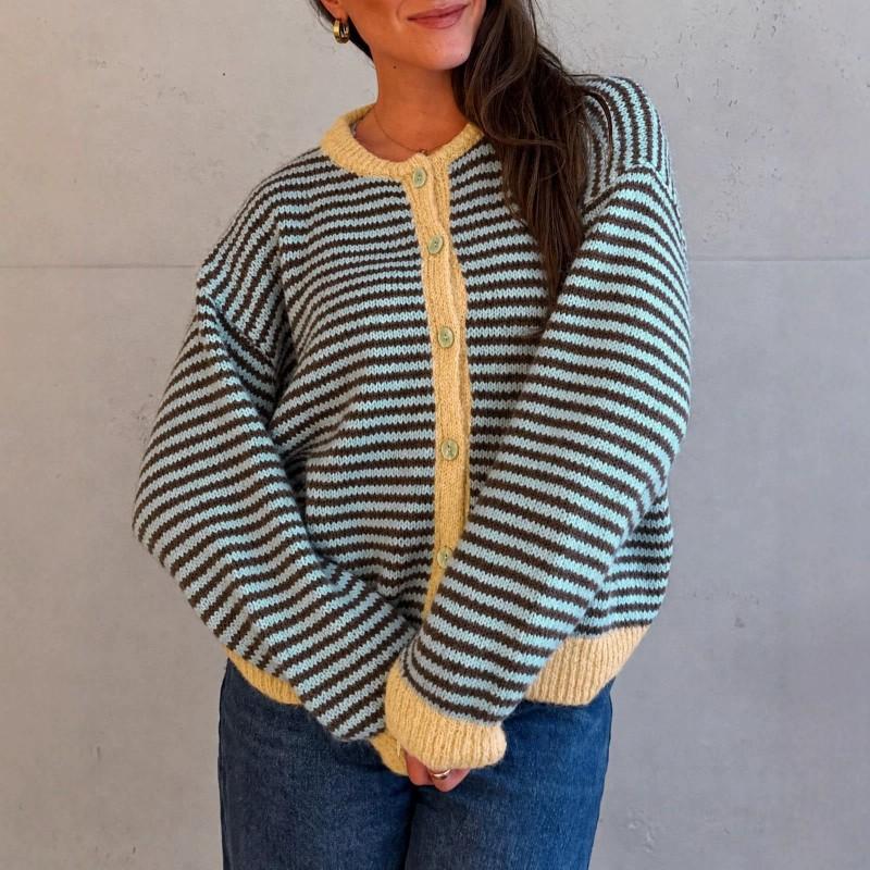 2026 Fall Winter Womens Striped Knit Cardigan Colorblock Round Neck Single Breasted Loose Sweater