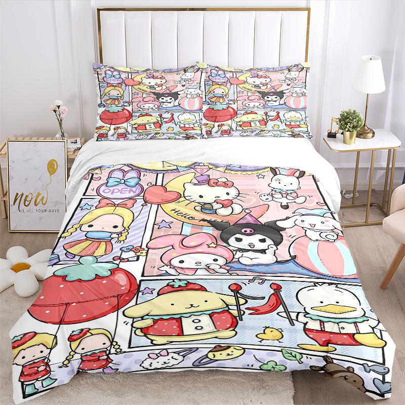 3pcs Friendship and Fun Hello Kitty and Friends Printed Quilt Set Soft and Comfortable Quilt Cover for Bedroom, Guest Room Bedding Set S022