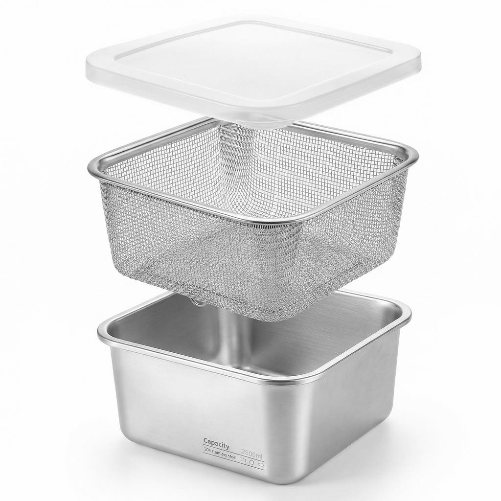 2 in 1 Bento Lunch Box Stainless Steel Food Storage Container Fruit Washing Up Bowl Strainer  Draining Airtight Crisper Box