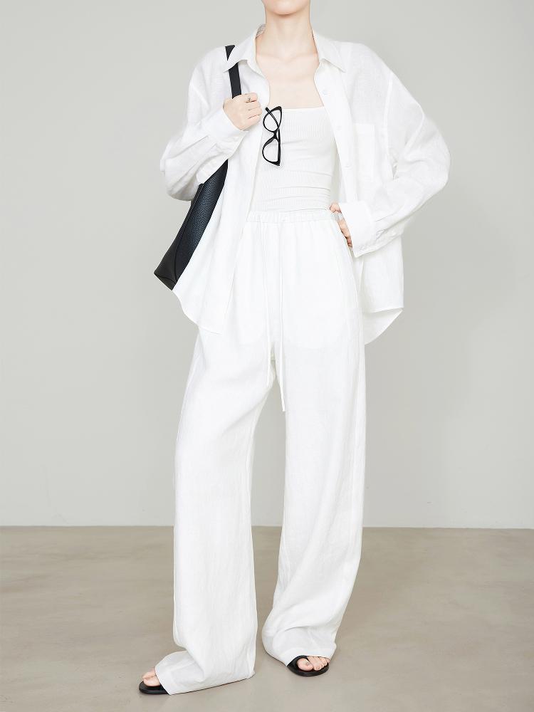 Women's White Straight-Leg Linen Pants, Elastic Waist, Spring/Summer Old Money Style, Extended Length.