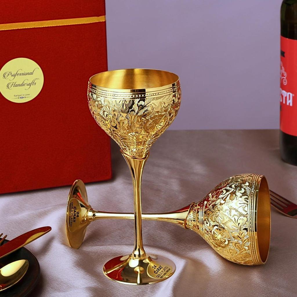 Brass Wine Glasses, Metal Goblet, Champagne Flutes, Diwali, Wedding Anniversary Gift for Couple Marriage, Corporate Clients - Set of 2 Saucer Design