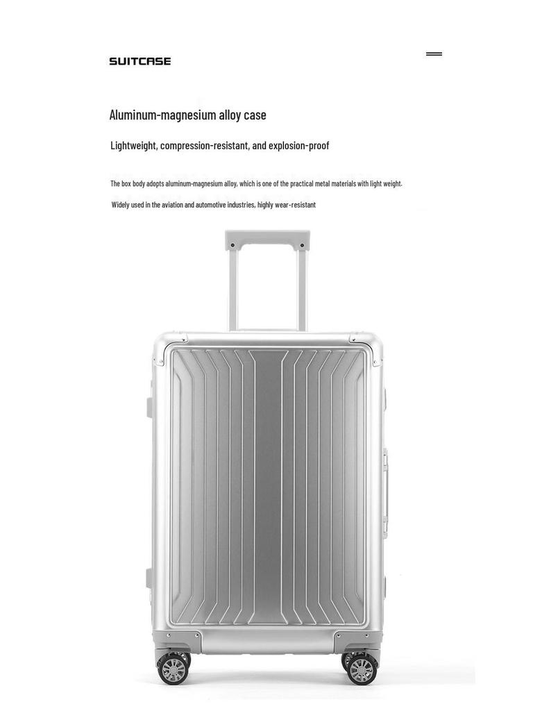 20-Inch High-End Aluminum-Magnesium Carry-On Suitcase with Combination Lock, Large 24-Inch Option Available, Unisex Design