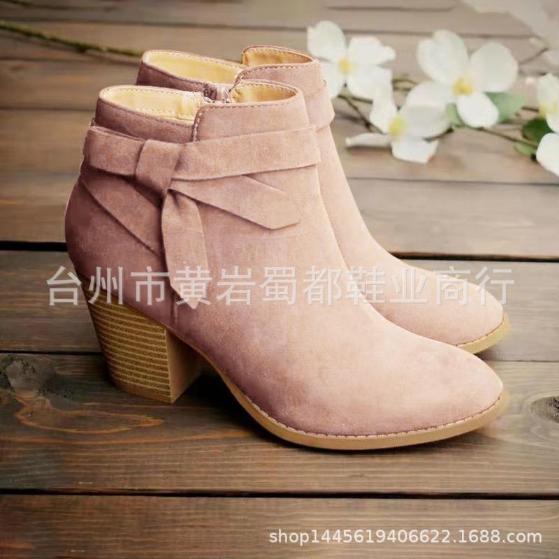 Autumn and Winter New Thick Heel Side Zipper Round Head Bow Martin Boots Women's Large Size and Ankle Boots