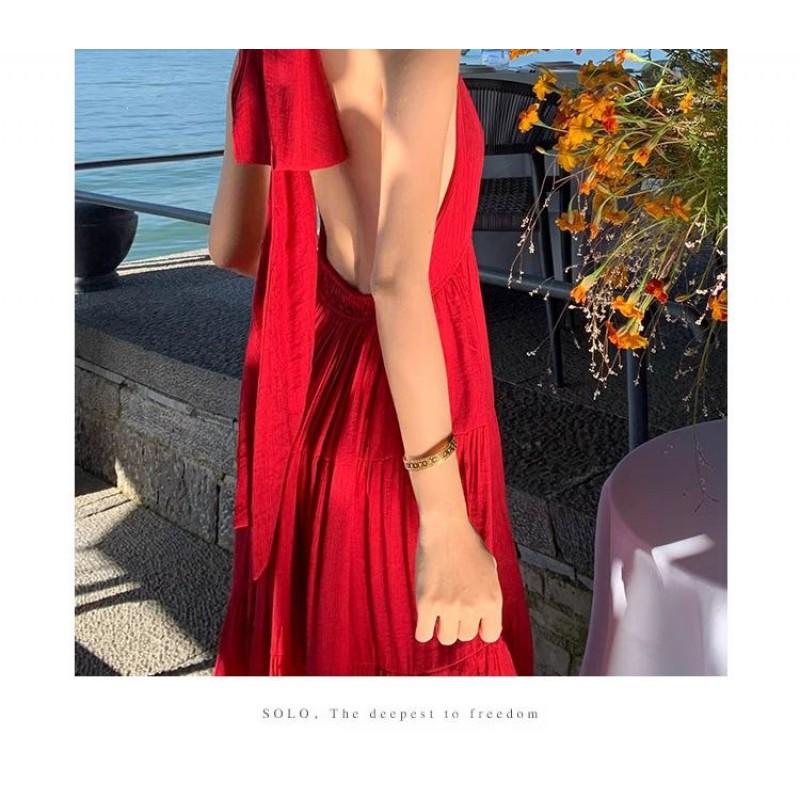 Seaside Desert Vacation Red Hanging Neck Dress Female Sanya Travel Wear Photo Sexy Backless Split Skirt