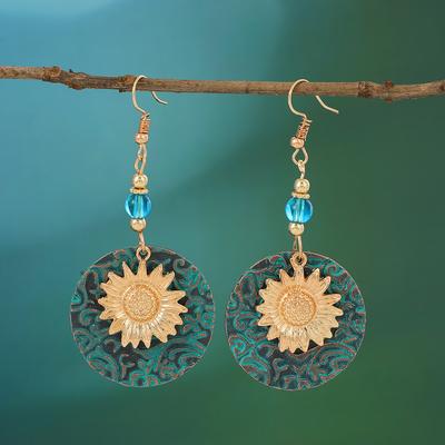 High Quality 2026 Bohemian Double Layer Sunflower Pattern Earrings Vintage Fashion Flower Pendant Earrings