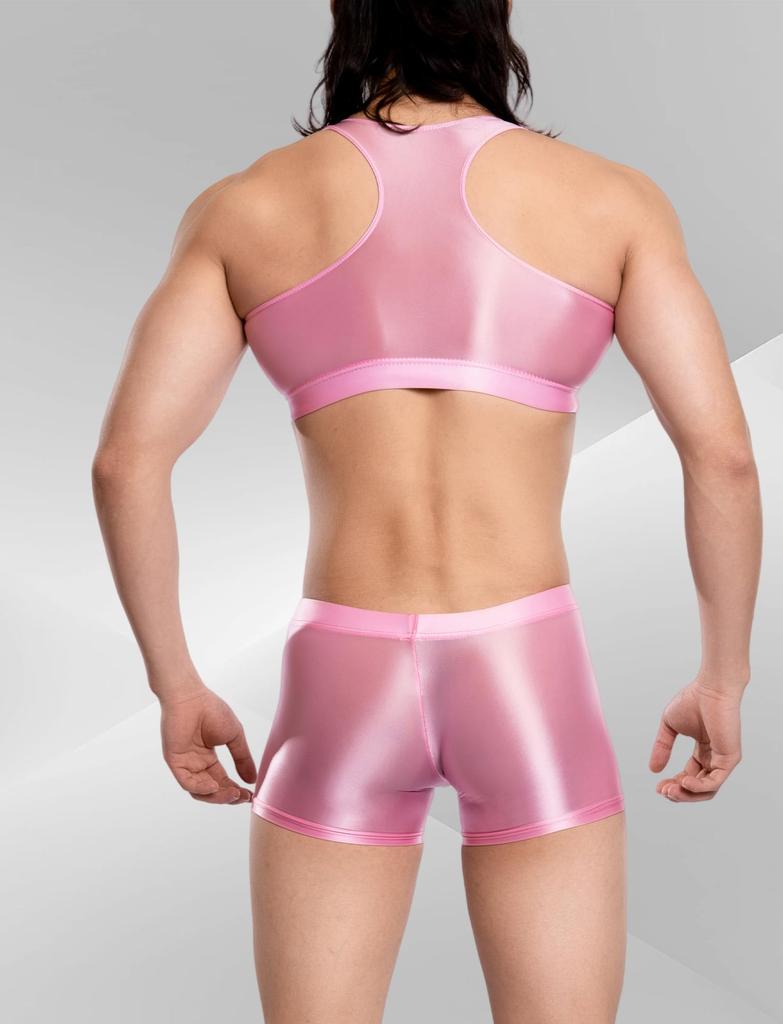 Maeau Sexy Glossy Lingerie Solid Color Tank Boxer Short Sleeveless Premium Tight Muscle Flat Perfect for Hot and Size M Men's U-Neck See-Through Set,