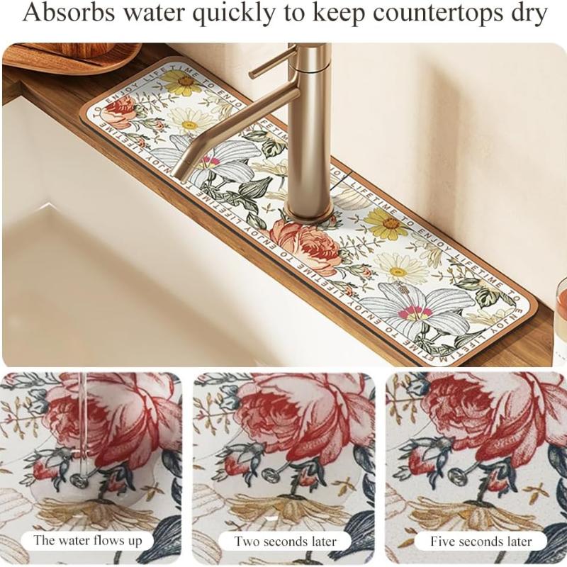 Faucet Drain Pad Retro Self-priming Kitchen Countertop Drain Mat Diatom Mud Wipeable Anti-slip Mat Absorbent Dish Drying Mat