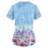 Women's Floral Printing Short Sleeve V-neck Tops Working Uniform Pocket Blouse