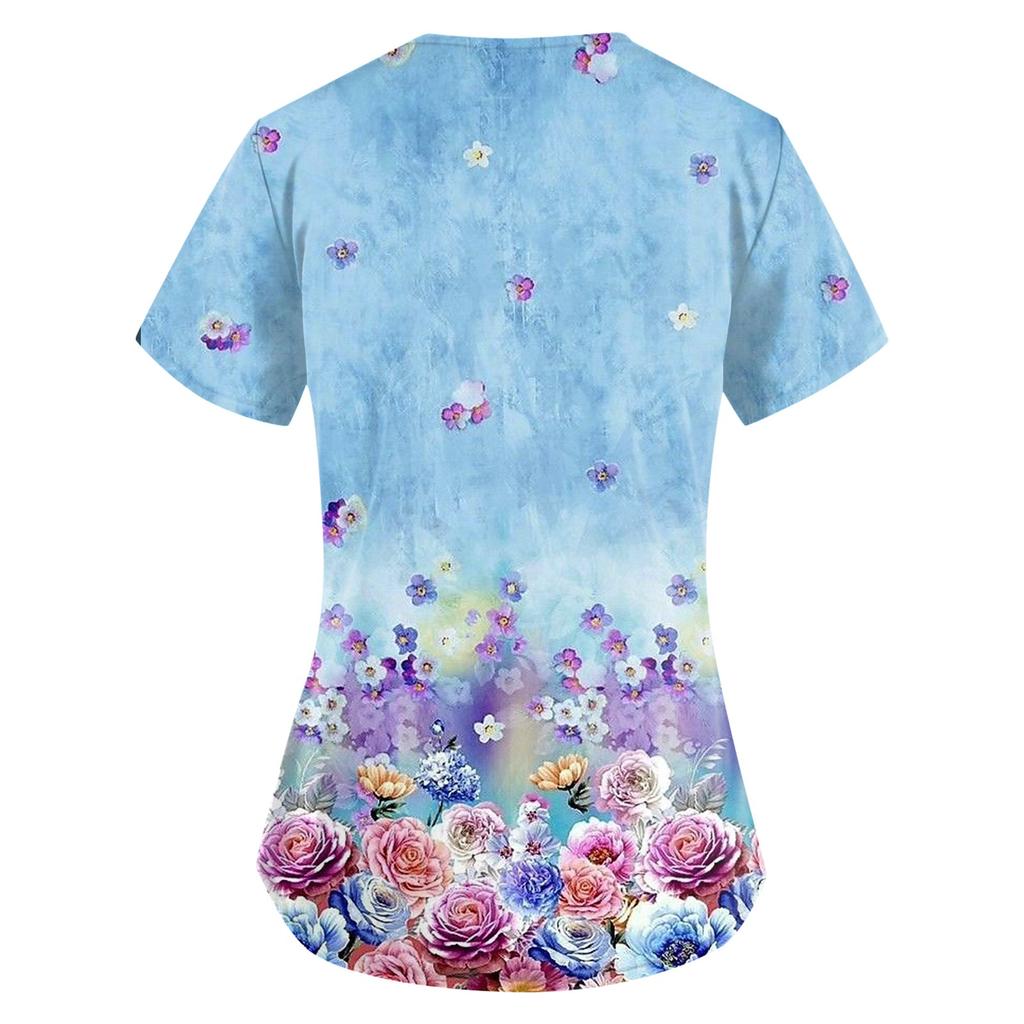 Women's Floral Printing Short Sleeve V-neck Tops Working Uniform Pocket Blouse