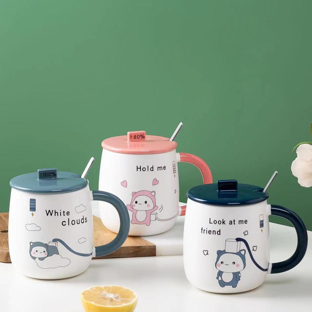 Creative Cartoon Charging Kitten Student Ceramic Cup with Lid Spoon High Temperature Resistant Mug Cup Advertising Gift Cup