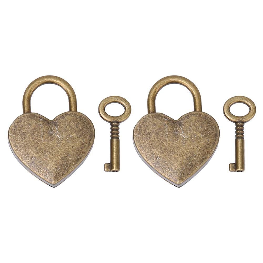2sets Antique Style Heart Shaped Padlocks Bronze Finish Metal Padlock Set For Craft Supplies