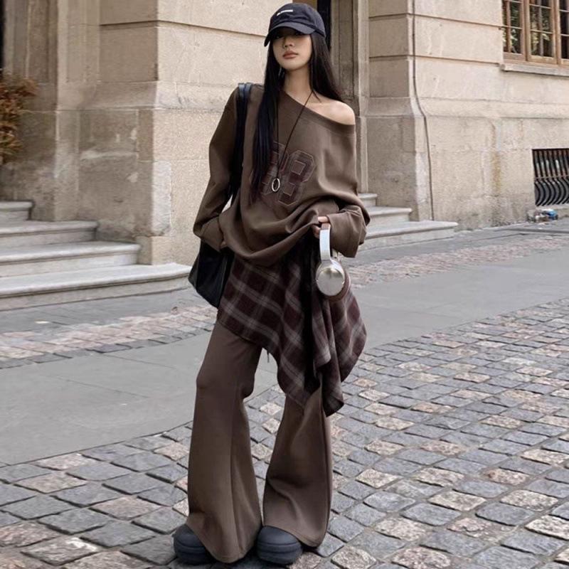 2025 European Casual Sporty Women s Set: Loose Asymmetrical Shoulder Hoodie Two-Piece, Spring/Autumn Korean Trend Large
