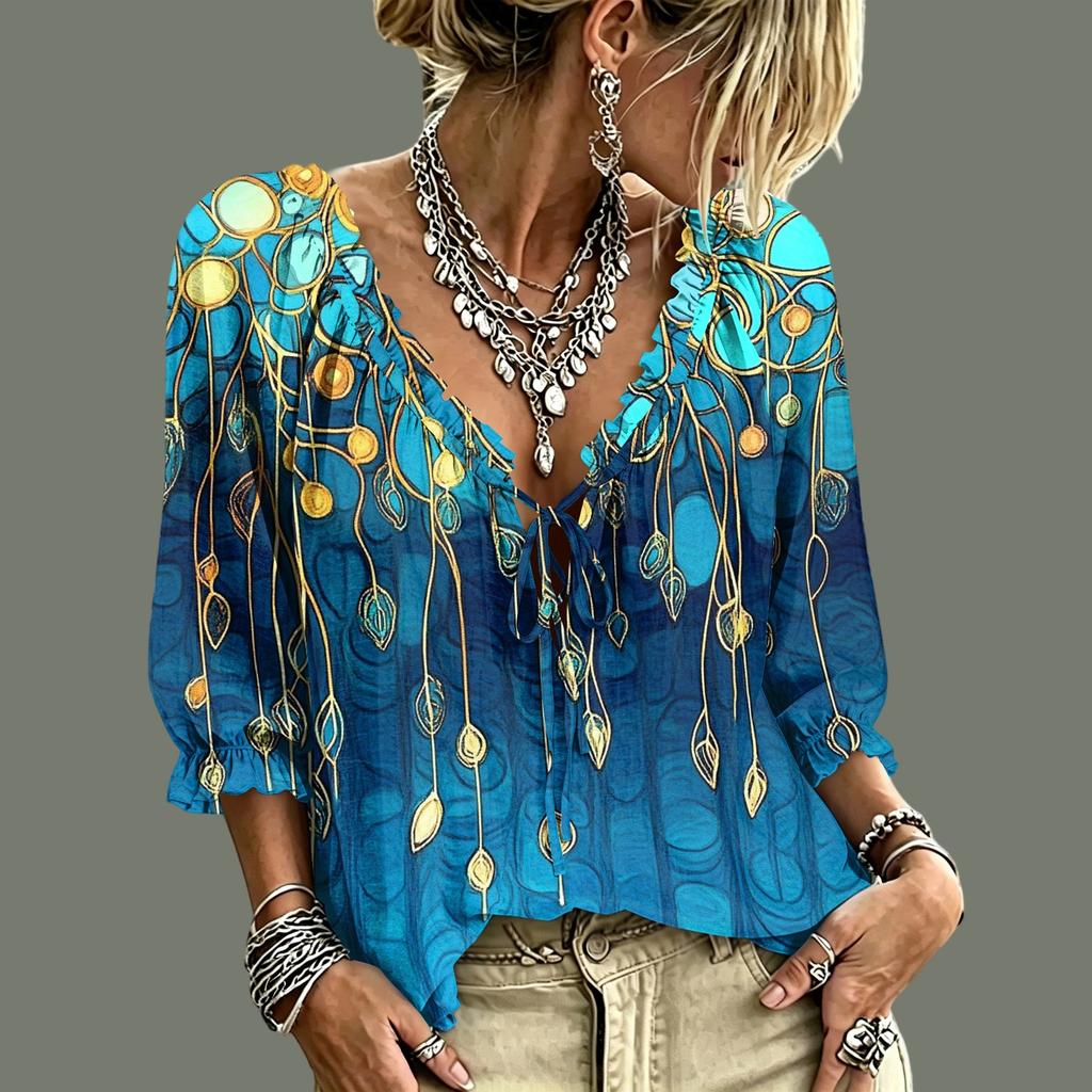 Women's Casual Printed V-Neck Ruffle Tie Blouse