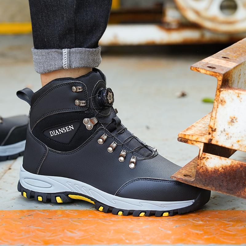 Safety Boots Rotary Button Ankle Support Waterproof Steel Toe Work Boots Non Slip Rubber Sole Leather Industrial Shoes 36-46