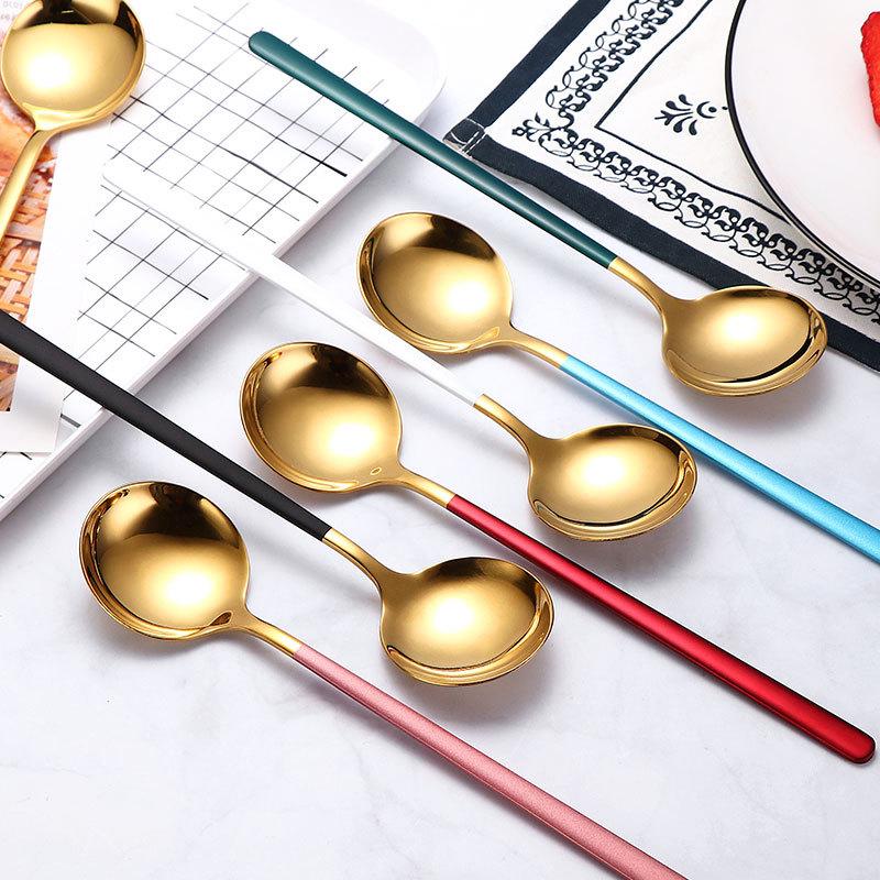 Stainless Steel Spoon Korean Style Spoon Household Exquisite Long Handle Spoon Soup Spoon Kitchen Dining Round Spoon