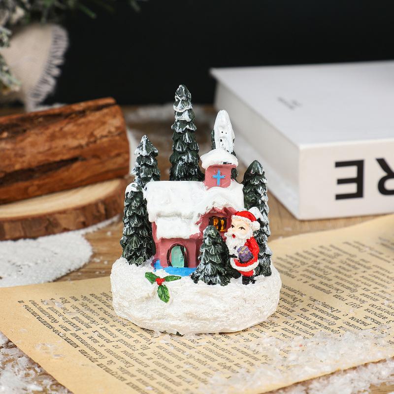 Christmas Cartoon Glowing Small House, Santa Claus, Snowman Miniature Landscape Resin Figurine, Christmas Decoration Item