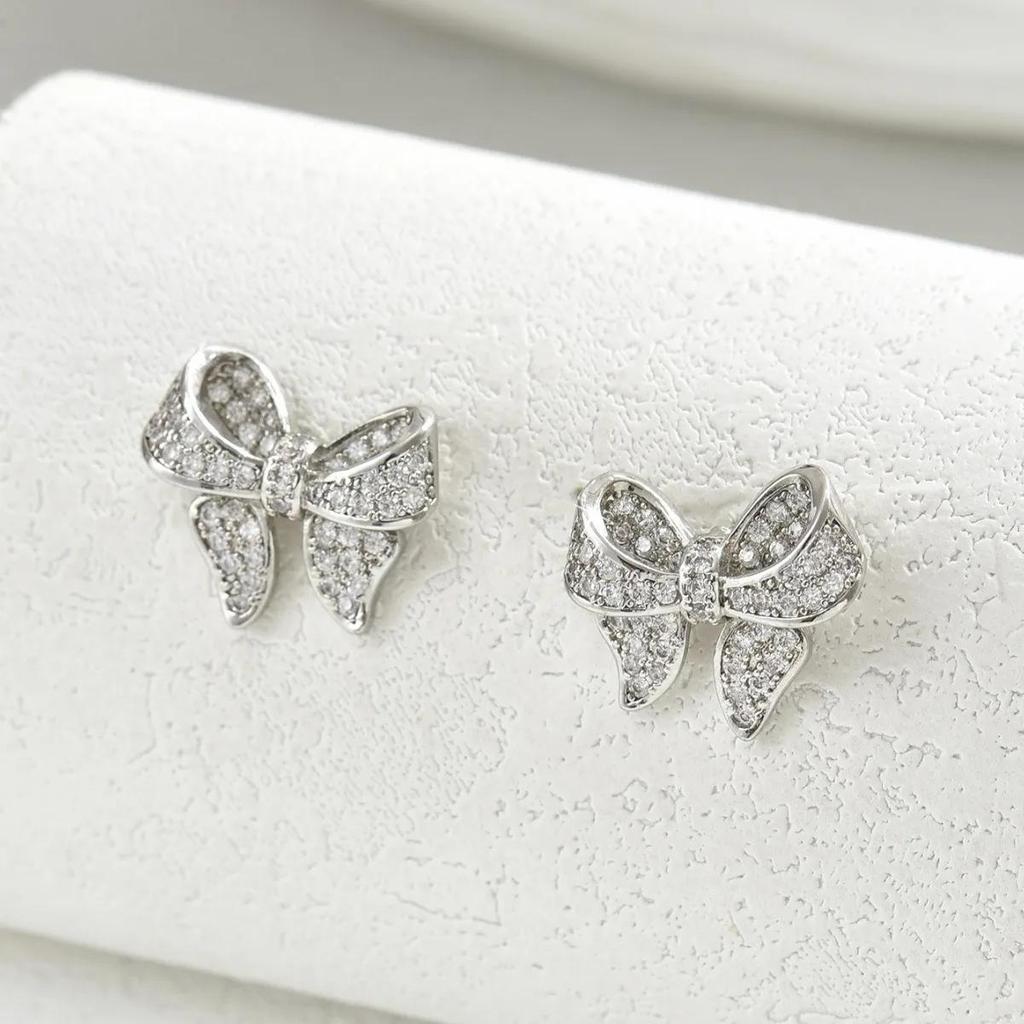 Micro-inlaid zircon earrings bow small and versatile earrings for women Europe and America