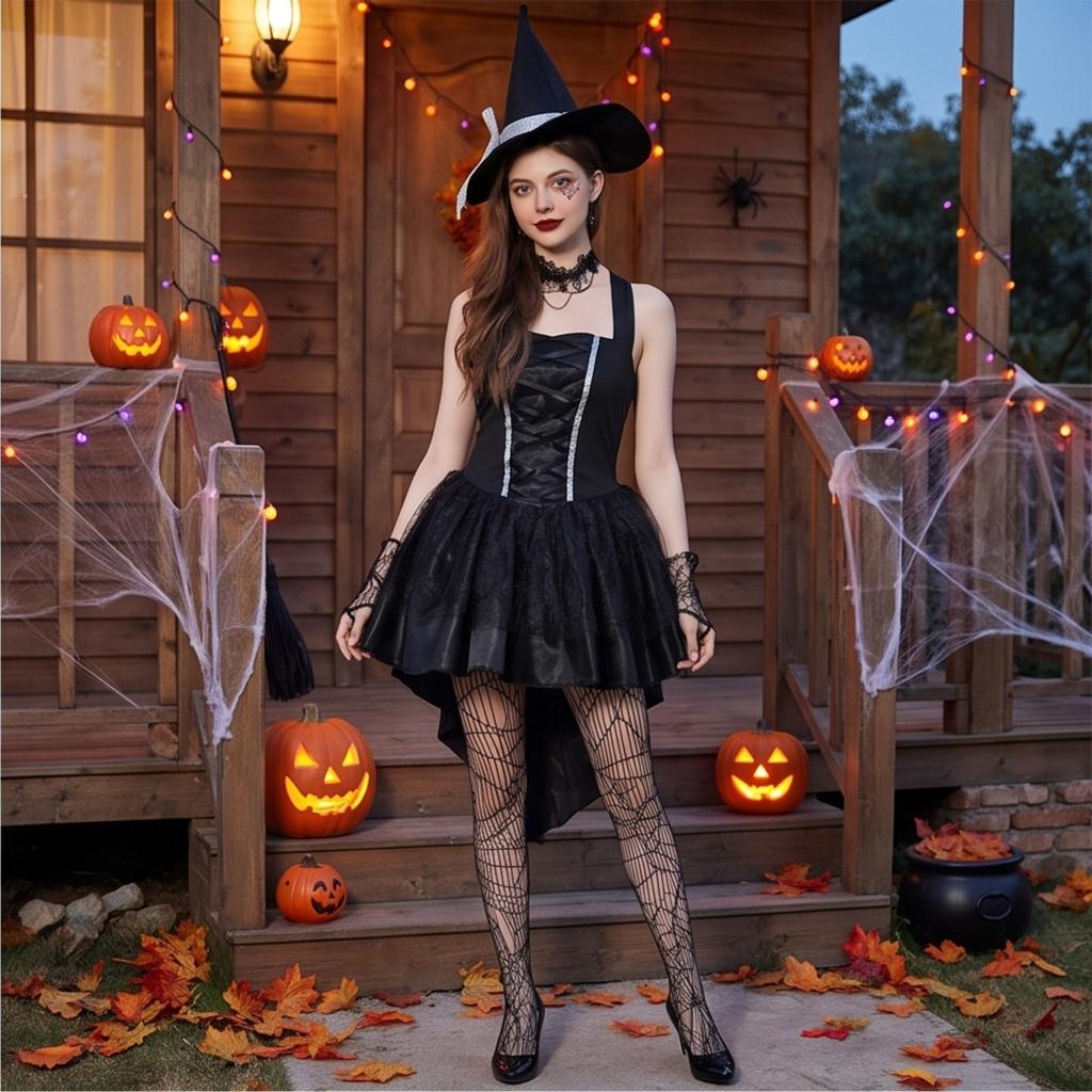 Women's Halloween Witch Costume Spaghetti Strap Dress with Hat and Bracelet Set