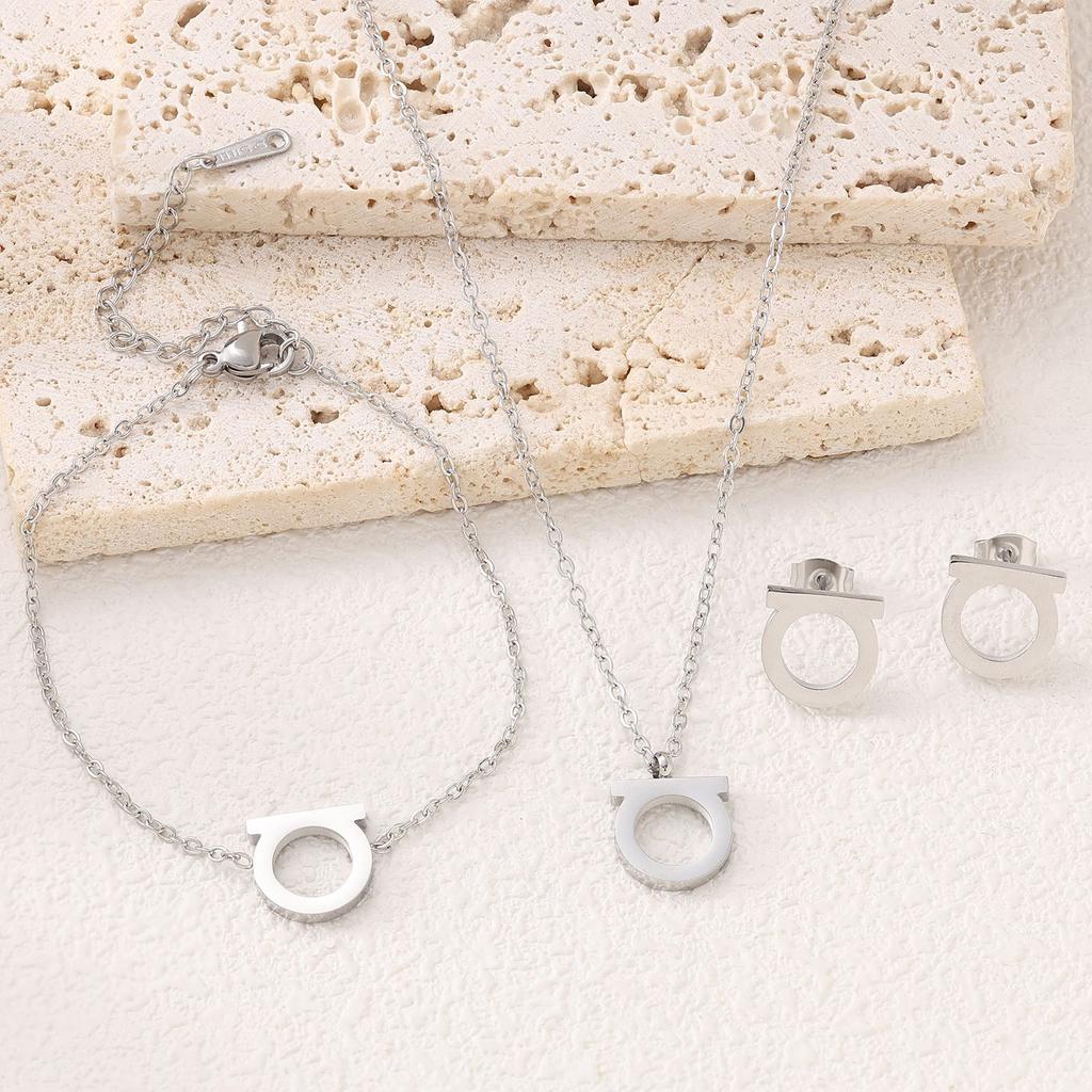 3pcs Set Trendy Simple Smooth Surface Stainless Steel Geometry D-shaped Pendant Necklace Bracelet Earring for Women Jewelry Sets
