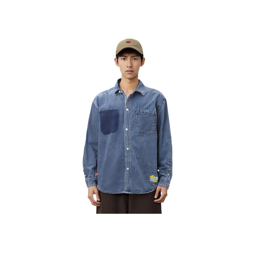 Li Ning Skateboard Series Letter Button Down Loose Long Sleeve Shirt Men shirts Light-Blue Denim ASHU519-3