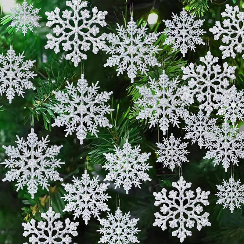 12Pcs Paper Snowflakes Christmas Tree Decorations Pendant Ornaments Glitter White Snow Flakes Indoor Winter Home New Year Decor