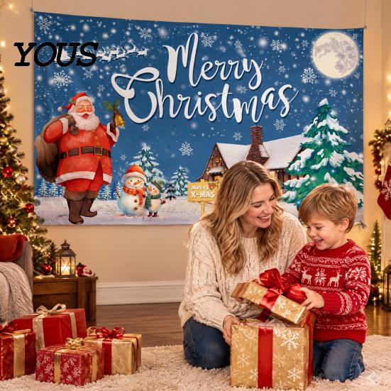 Decorative Holiday Fabric Christmas Banner, 71x43 Inches Santa Sleigh Reindeer Snowman Backdrop for Winter Wonderland Easy Install Door Banner