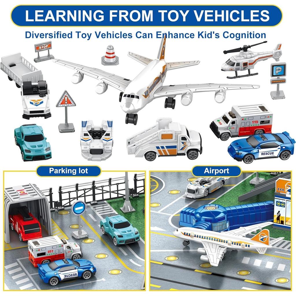 Airplane Toy Set with Trucks Helicopter Planes Signs & Airport Playmat Interactive Early Learning Toys Gift for Boys & Girls