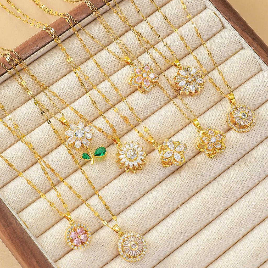 Drehbare florale Titanstahl Halskette - Minimalistisches Vintage Design