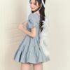 Summer Women's Vintage Sweet Dress French Style Gray Puff Sleeve Spring Dresses