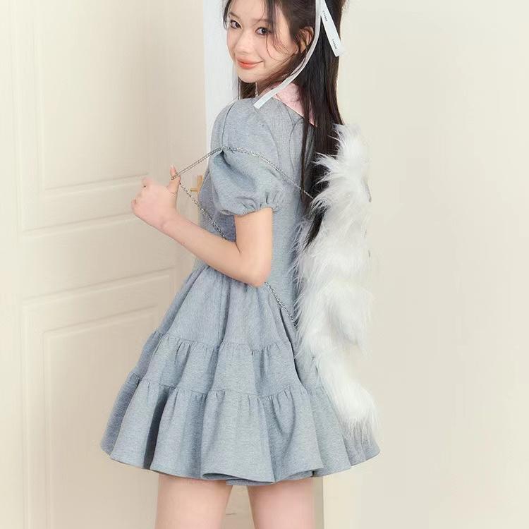 Summer Women's Vintage Sweet Dress French Style Gray Puff Sleeve Spring Dresses