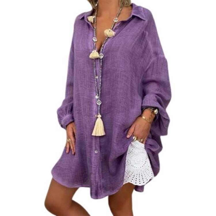 Casual Loose Lapel Shirt Solid Color Single Breasted Lady Party Wear