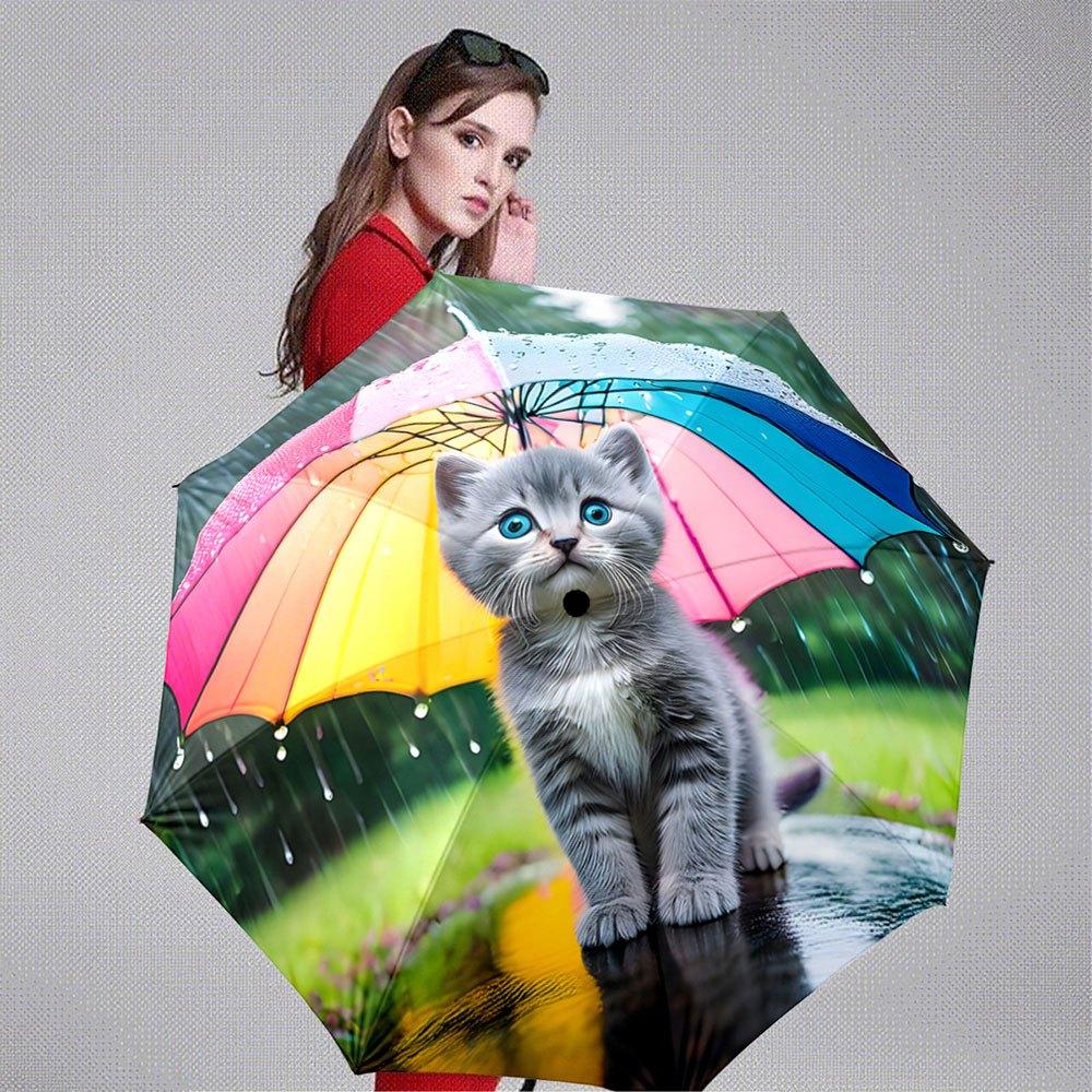 Automatic Folding Umbrella with Cute Gray Kitten & Colorful Umbrella Design - Portable Collapsible 8-Rib Durable Canopy, Auto