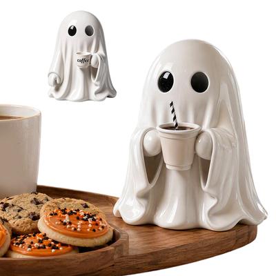 Ghost Resin Statue Holding Coffee Cup Cute Halloween Figurine Spooky Desk Decoration Coffee Bar Shelf Decor