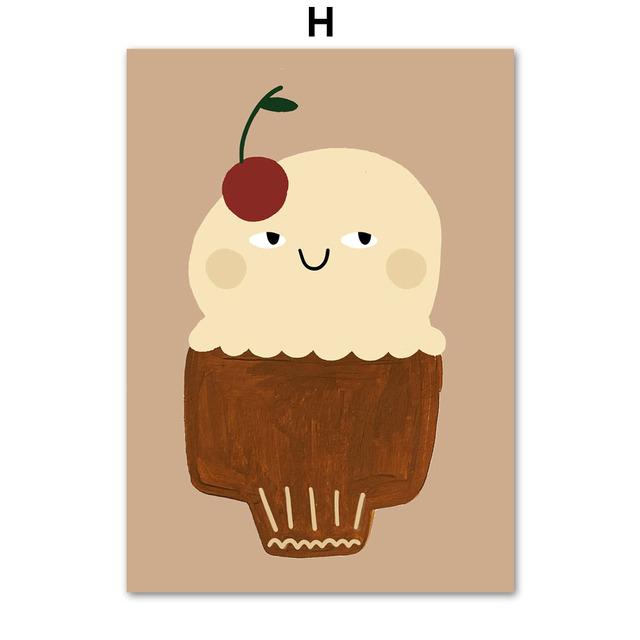 Cat Cherry Ice Cream Acorn Apple Sun Moon Fun Cartoon Vintage Poster Prints Wall Art Canvas Painting Kawaii Baby Kids Room Decor No Frame