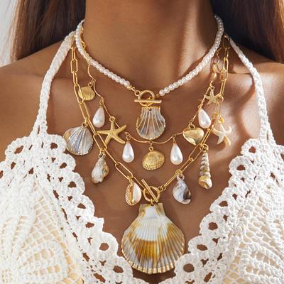 Fashionable Beach Style Starfish Scallop Pendant Necklace for Women's Jewelry Vacation, Versatile Daily Stacking Necklace