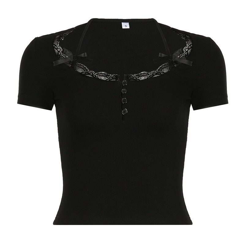 

Pure Desire Spicy Girl Slim-Fit Solid Color Lace Trim Square Neck Long-Sleeve Top with Button-Up Halter Neck T-Shirt Sgmbt 13997 S