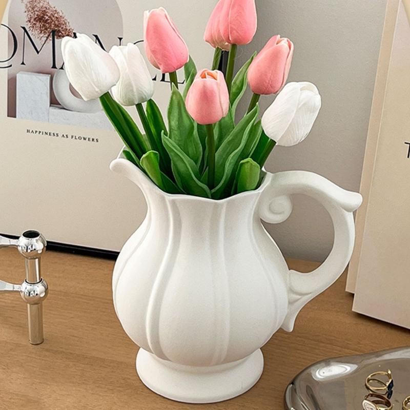 Stylish Nordic Minimalists Jugs Vases With Handle White Ceramic Flower Arrangement Pitcher Vases For Wedding Centerpieces