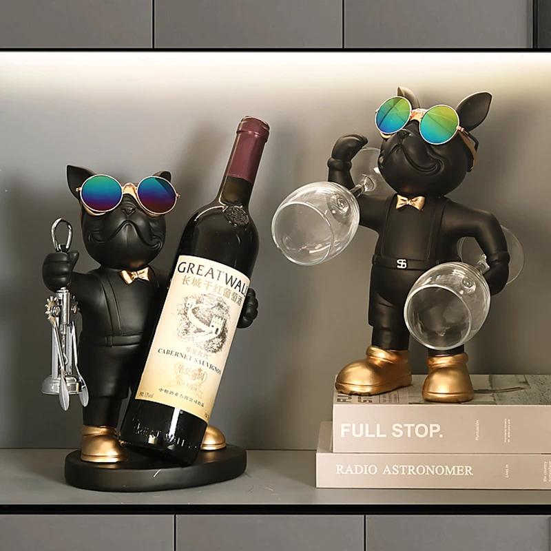 Home Decor French Bulldog Wine Rack Decoration Wine Holder Dog Butler Bottle Seat Design Statue Table Resin Decoration Sculpture