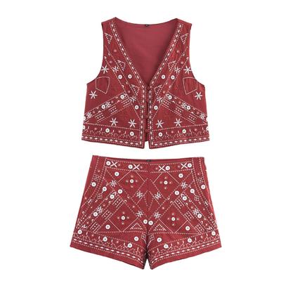 Europäisch-Amerikanisches Damen-Stick-Westen- und Shorts-Set mit Spiegeleffekt