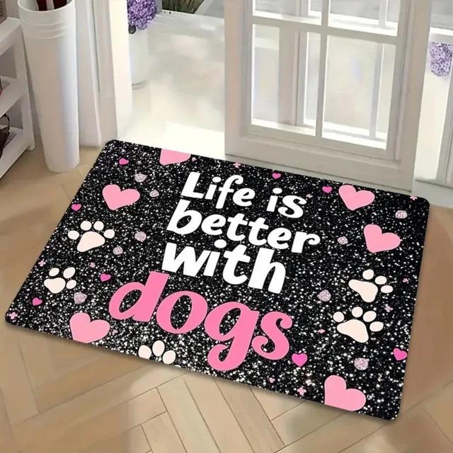 Cute Dog Paw Print Rectangle Carpet Pink Heart Pet Lover Home Decor Mat Floor Rug Entryway Doormat Life Is Better with Dogs