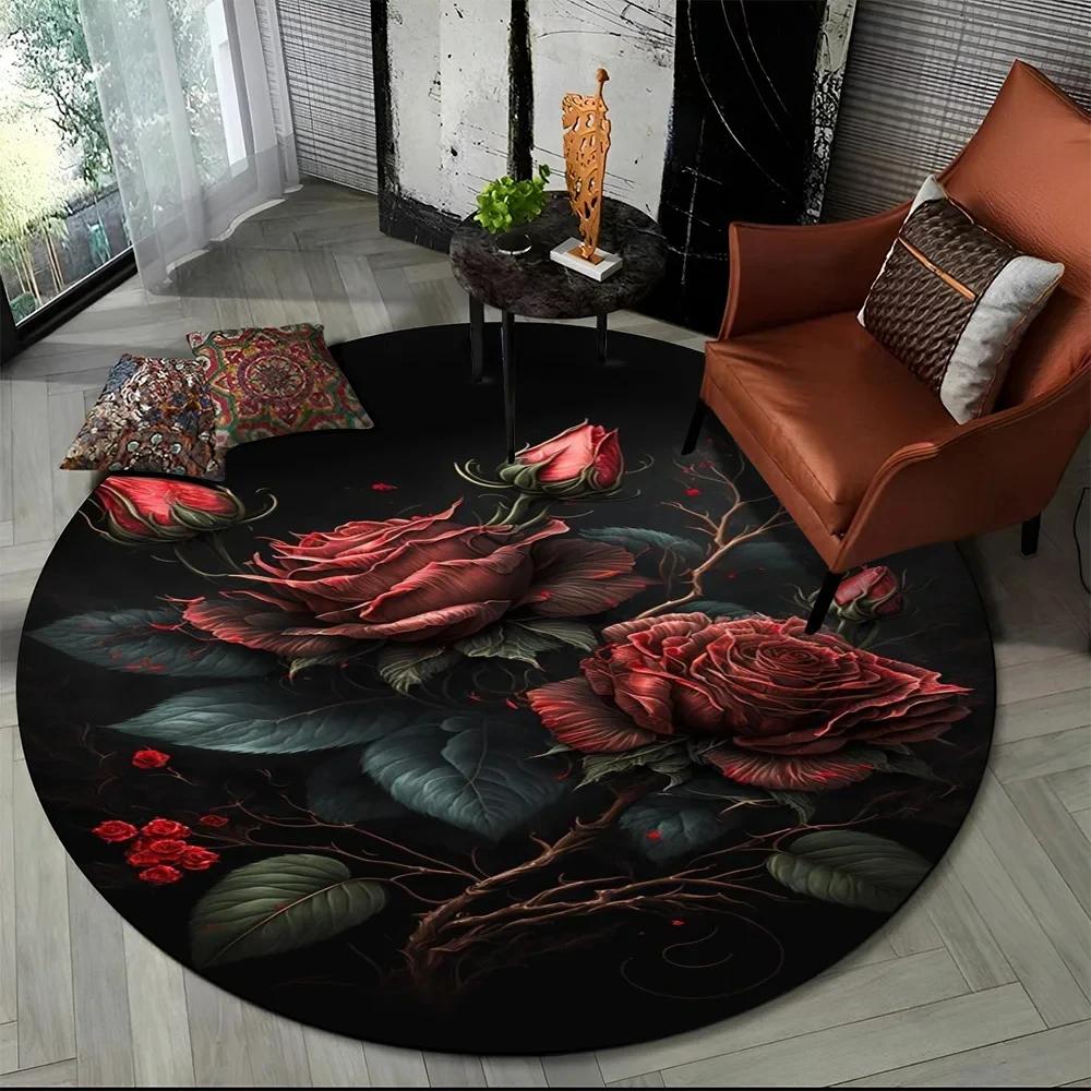 3D Luxusný koberec Flower Rose Daisy Nordic Okrúhly koberec do obývačky Spálňa Dekor stoličky do detskej herne, Protišmyková podložka pre domáce zvieratá